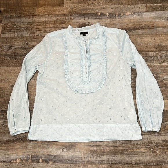 J Crew Eyelet Lace  Bib Long Sleeve Ruffle Top Sz M Prairie Victorian Romantic - Picture 6 of 13